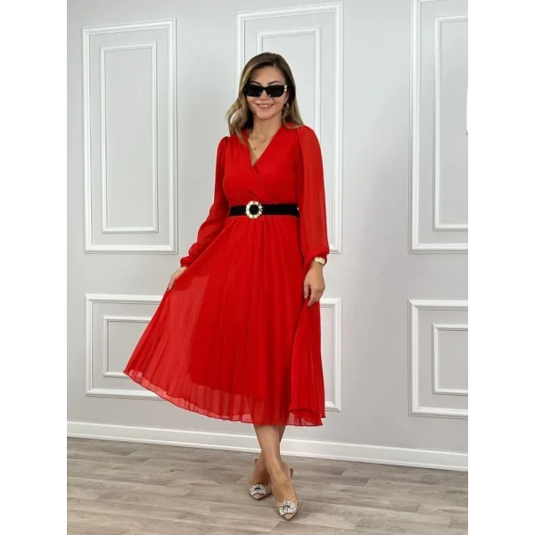 Kadın şifon Kumaş Astalı Kloş Kesim Kruvaze Yaka idi Boy Elbise