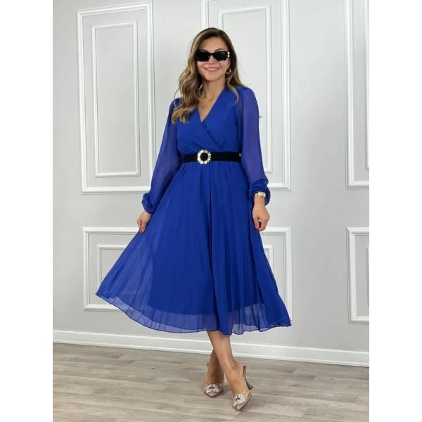 Kadın şifon Kumaş Astalı Kloş Kesim Kruvaze Yaka idi Boy Elbise