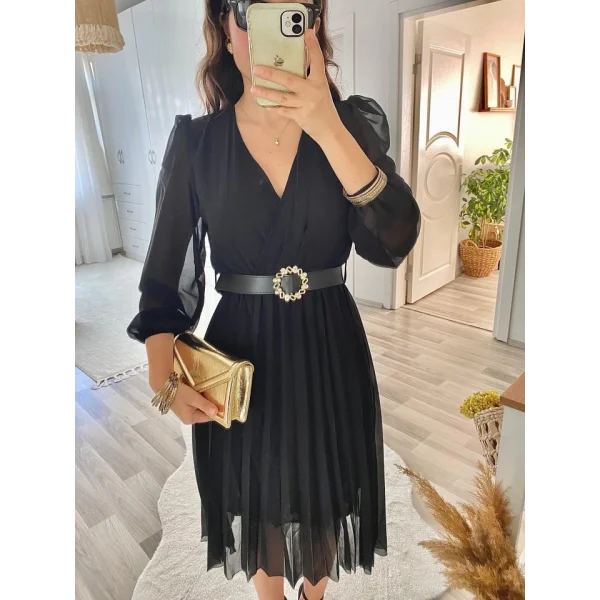 Kadın şifon Kumaş Astalı Kloş Kesim Kruvaze Yaka idi Boy Elbise