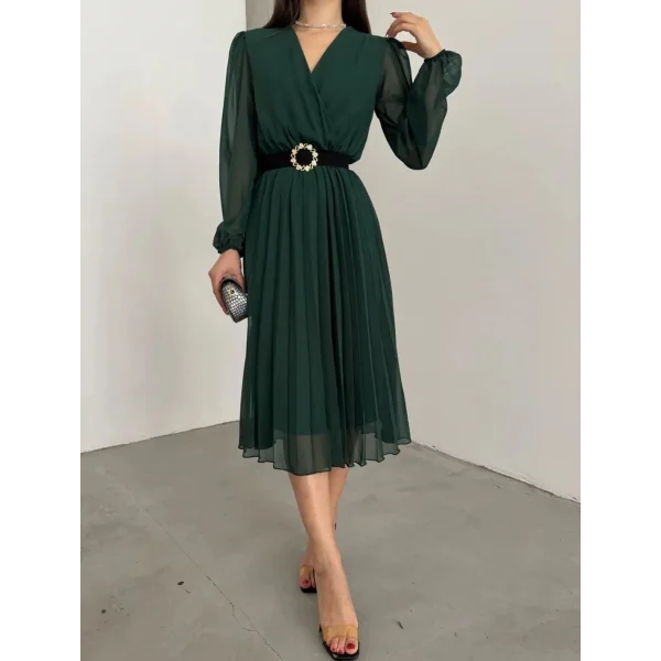 Kadın şifon Kumaş Astalı Kloş Kesim Kruvaze Yaka idi Boy Elbise