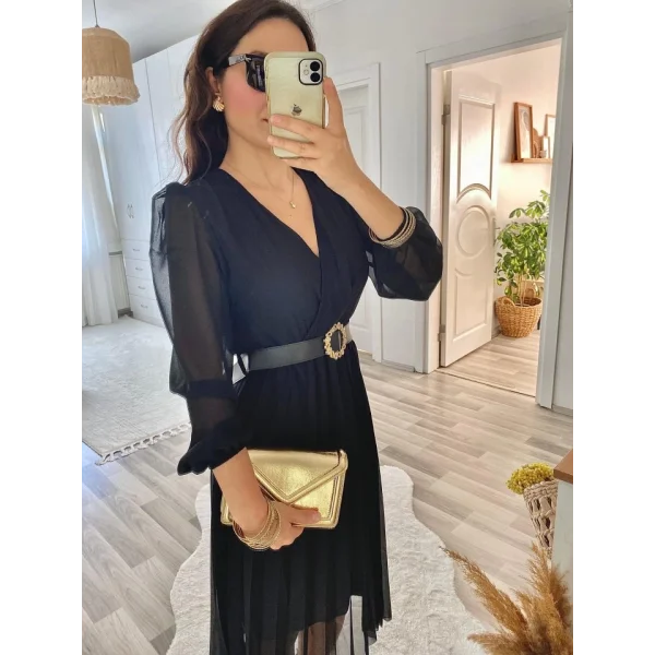 Kadın şifon Kumaş Astalı Kloş Kesim Kruvaze Yaka idi Boy Elbise