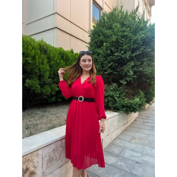 Kadın şifon Kumaş Astalı Kloş Kesim Kruvaze Yaka idi Boy Elbise