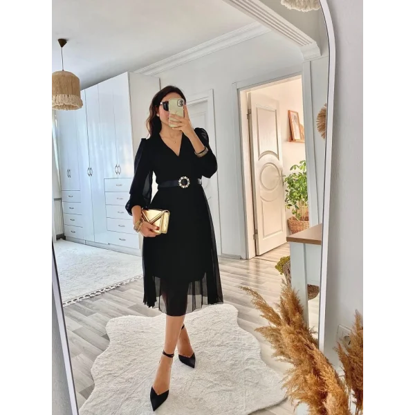 Kadın şifon Kumaş Astalı Kloş Kesim Kruvaze Yaka idi Boy Elbise