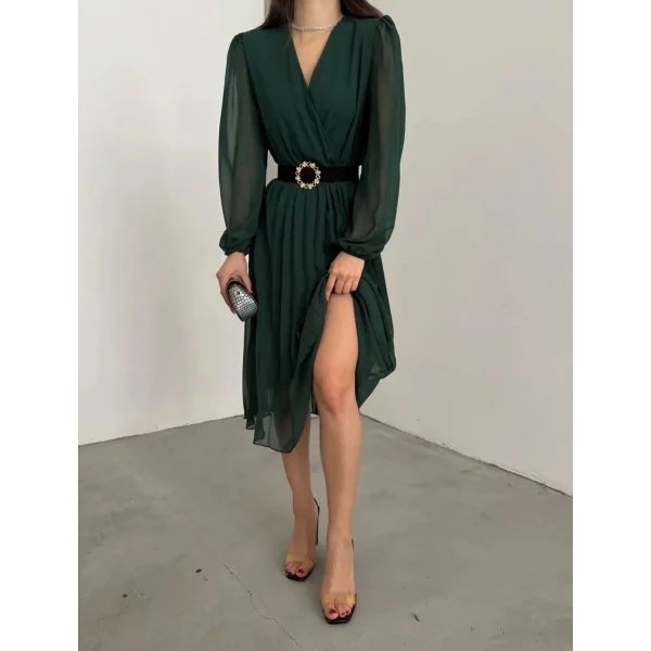 Kadın şifon Kumaş Astalı Kloş Kesim Kruvaze Yaka idi Boy Elbise