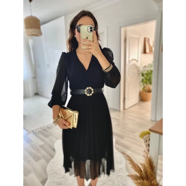 Kadın şifon Kumaş Astalı Kloş Kesim Kruvaze Yaka idi Boy Elbise