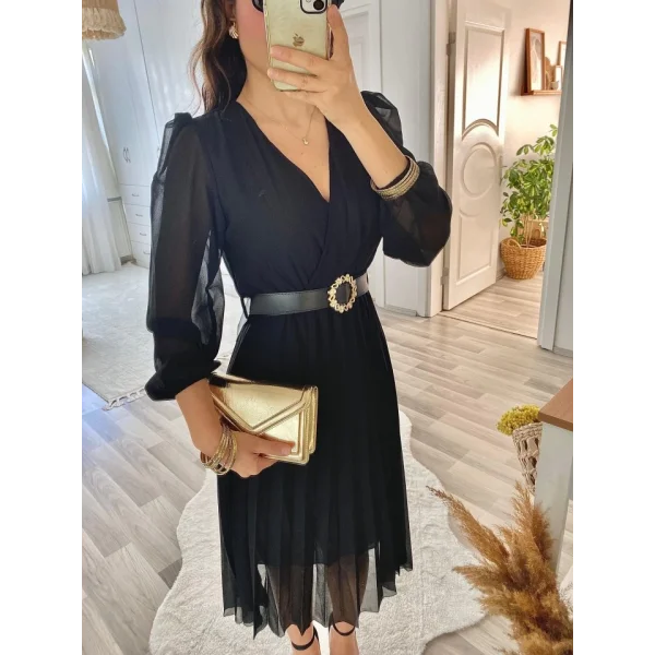 Kadın şifon Kumaş Astalı Kloş Kesim Kruvaze Yaka idi Boy Elbise