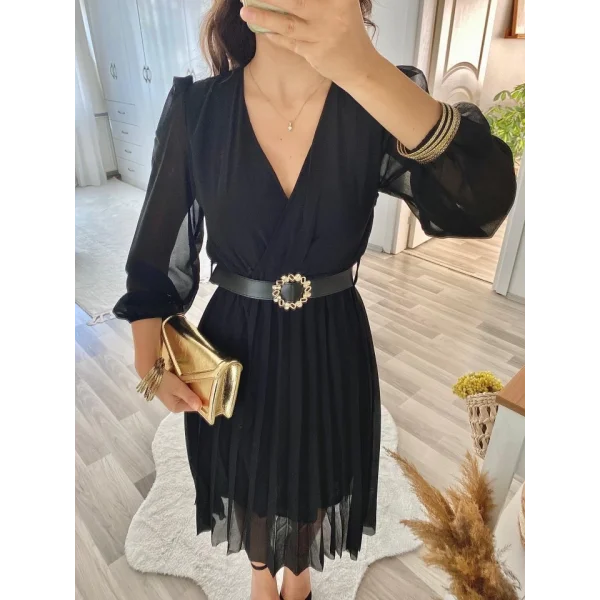 Kadın şifon Kumaş Astalı Kloş Kesim Kruvaze Yaka idi Boy Elbise