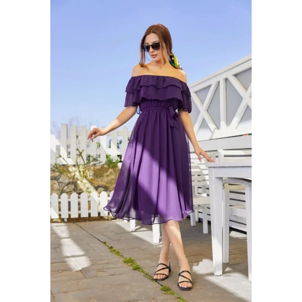 Kadın şifon Kumaş Astarlı adonna Fırfır Yaka Elbise