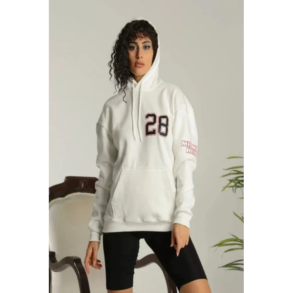 Kadın Sırt Baskılı Oversize Üç İplik Kapüşonlu Sweatshirt - Beyaz