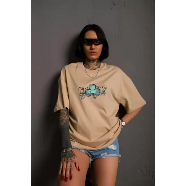 Kadın Sırt Baskılı T-shirt - Bej