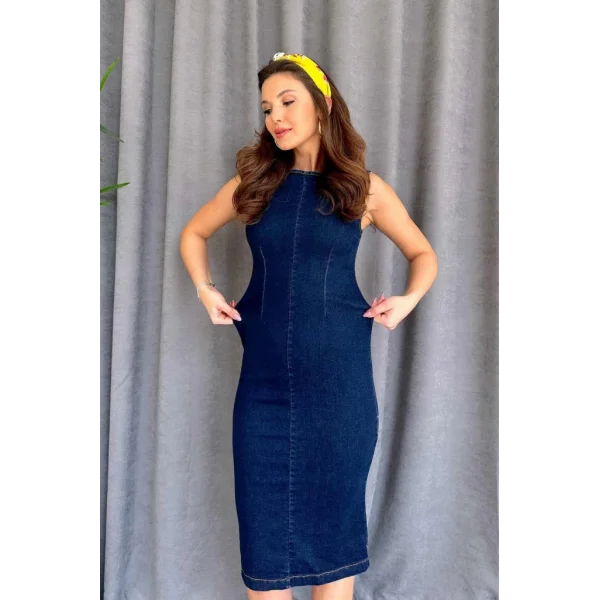 Kadın Sırt Fermuar Detay Sıfır Kol Likralı Kot Elbise