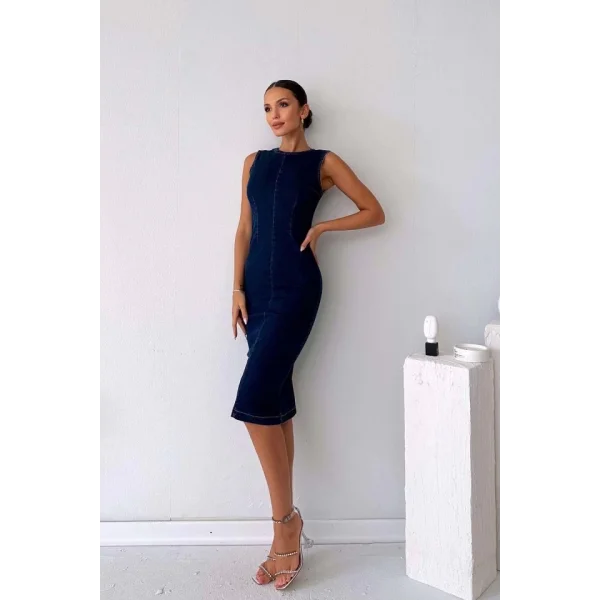 Kadın Sırt Fermuar Detay Sıfır Kol Likralı Kot Elbise