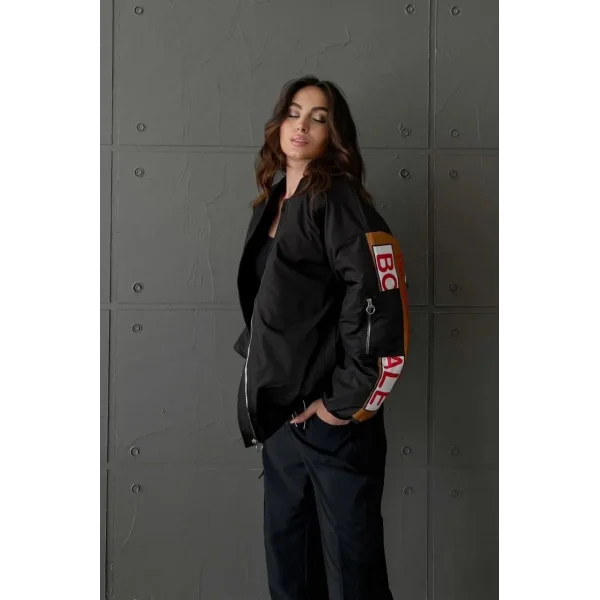 Kadın Sırt ve Kol Parça Baskılı Bomber Ceket - Siyah