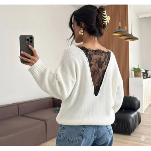 Kadın Sırtı Dantel Transparan Detay Triko Kazak