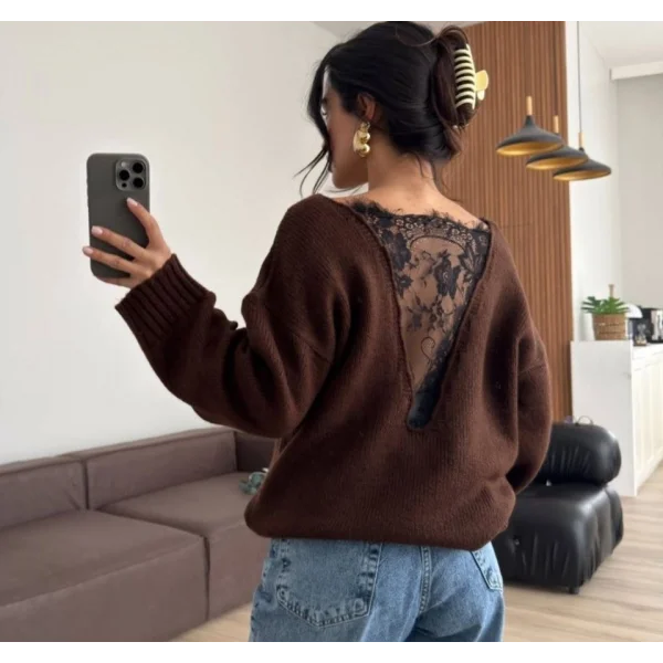 Kadın Sırtı Dantel Transparan Detay Triko Kazak