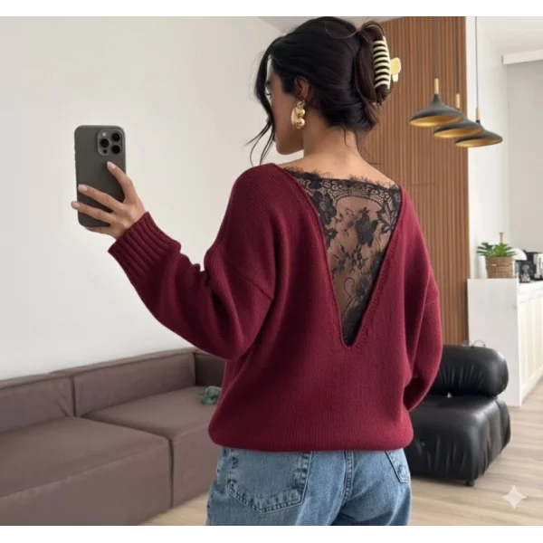 Kadın Sırtı Dantel Transparan Detay Triko Kazak