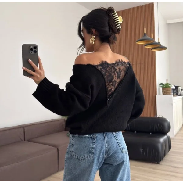 Kadın Sırtı Dantel Transparan Detay Triko Kazak