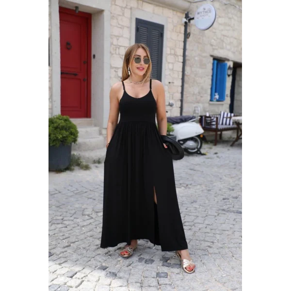 Kadın Sırttan çapraz Bağcıklı Yırtmaçlı Cepli Viskon Elbise