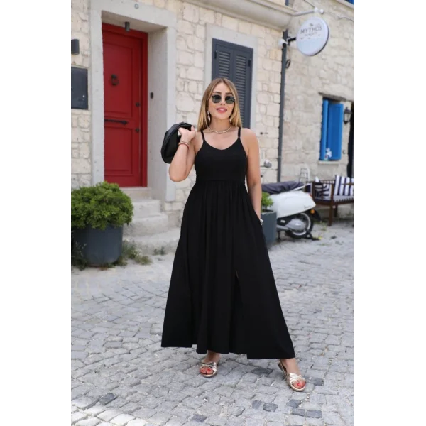 Kadın Sırttan çapraz Bağcıklı Yırtmaçlı Cepli Viskon Elbise