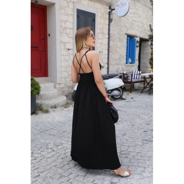 Kadın Sırttan çapraz Bağcıklı Yırtmaçlı Cepli Viskon Elbise