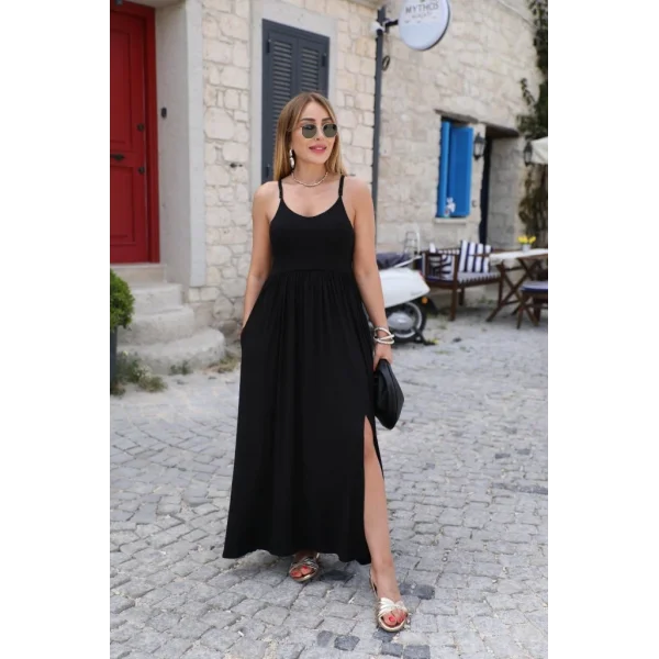 Kadın Sırttan çapraz Bağcıklı Yırtmaçlı Cepli Viskon Elbise