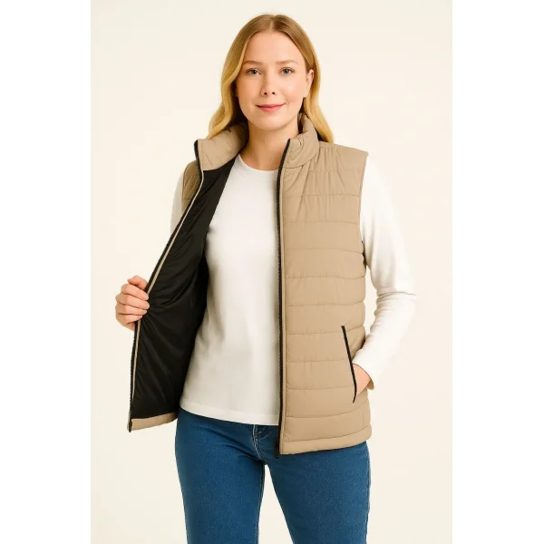 Kadın Şişme Fermuarlı Yelek Su itici Kapitone Astarlı Kumaş Cepli Hafif Kışlık Spor Rahat Kalıp - Bej