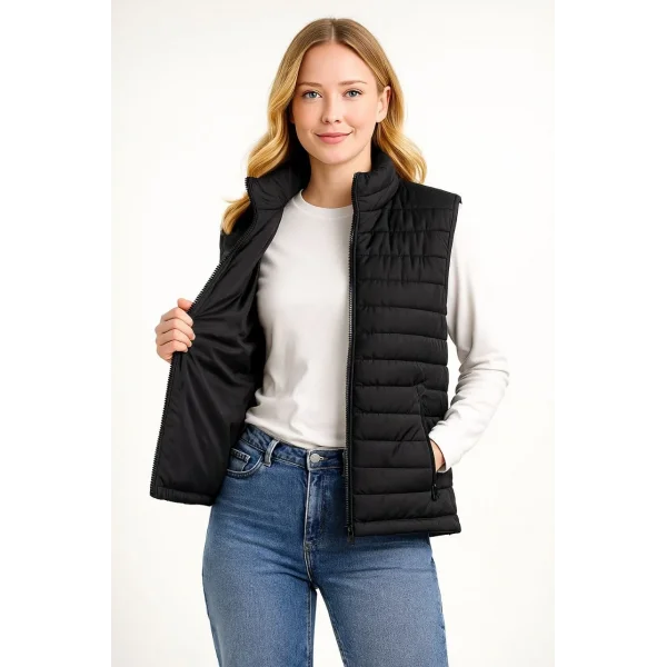 Kadın Şişme Fermuarlı Yelek Su itici Kapitone Astarlı Kumaş Cepli Hafif Kışlık Spor Rahat Kalıp - Siyah