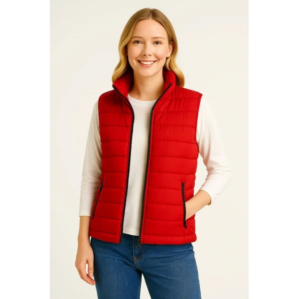 Kadın Şişme Fermuarlı Yelek Su itici Kapitone Astarlı Kumaş Cepli Hafif Kışlık Spor Rahat Kalıp - Kırmızı