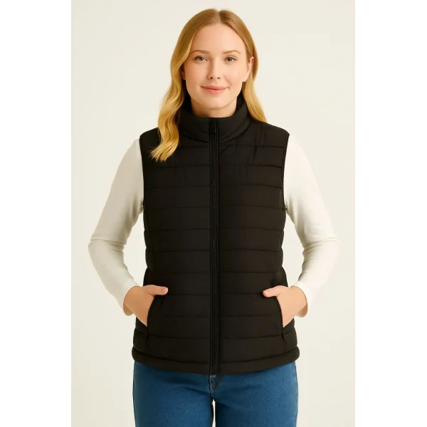 Kadın Şişme Fermuarlı Yelek Su itici Kapitone Astarlı Kumaş Cepli Hafif Kışlık Spor Rahat Kalıp - Siyah