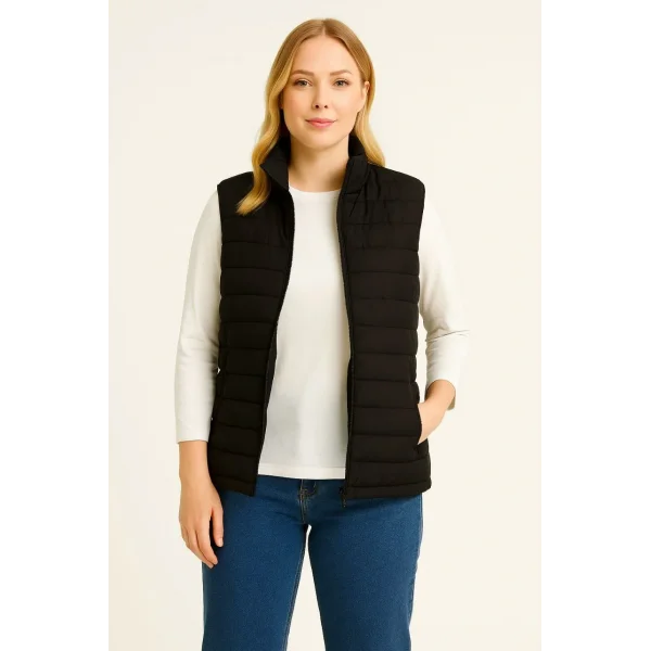 Kadın Şişme Fermuarlı Yelek Su itici Kapitone Astarlı Kumaş Cepli Hafif Kışlık Spor Rahat Kalıp - Siyah