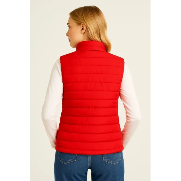 Kadın Şişme Fermuarlı Yelek Su itici Kapitone Astarlı Kumaş Cepli Hafif Kışlık Spor Rahat Kalıp - Kırmızı
