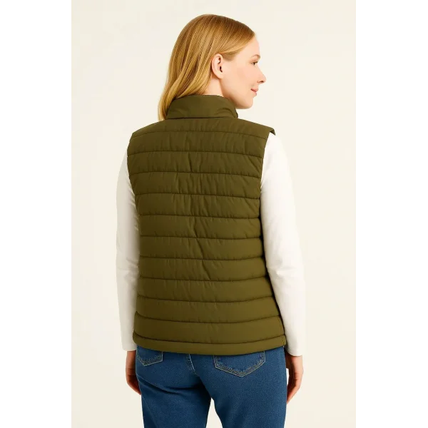 Kadın Şişme Fermuarlı Yelek Su itici Kapitone Astarlı Kumaş Cepli Hafif Kışlık Spor Rahat Kalıp - Haki