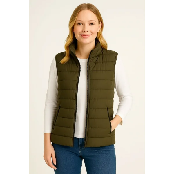 Kadın Şişme Fermuarlı Yelek Su itici Kapitone Astarlı Kumaş Cepli Hafif Kışlık Spor Rahat Kalıp - Haki