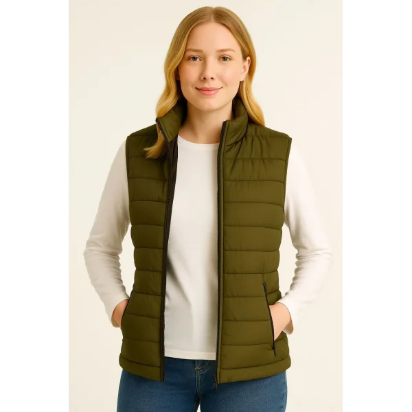 Kadın Şişme Fermuarlı Yelek Su itici Kapitone Astarlı Kumaş Cepli Hafif Kışlık Spor Rahat Kalıp - Haki