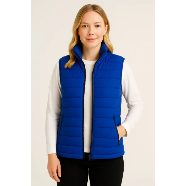 Kadın Şişme Fermuarlı Yelek Su itici Kapitone Astarlı Kumaş Cepli Hafif Kışlık Spor Rahat Kalıp - Saks Mavisi