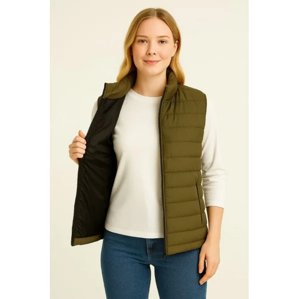 Kadın Şişme Fermuarlı Yelek Su itici Kapitone Astarlı Kumaş Cepli Hafif Kışlık Spor Rahat Kalıp - Haki