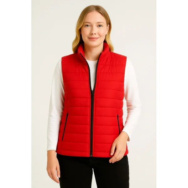 Kadın Şişme Fermuarlı Yelek Su itici Kapitone Astarlı Kumaş Cepli Hafif Kışlık Spor Rahat Kalıp - Kırmızı