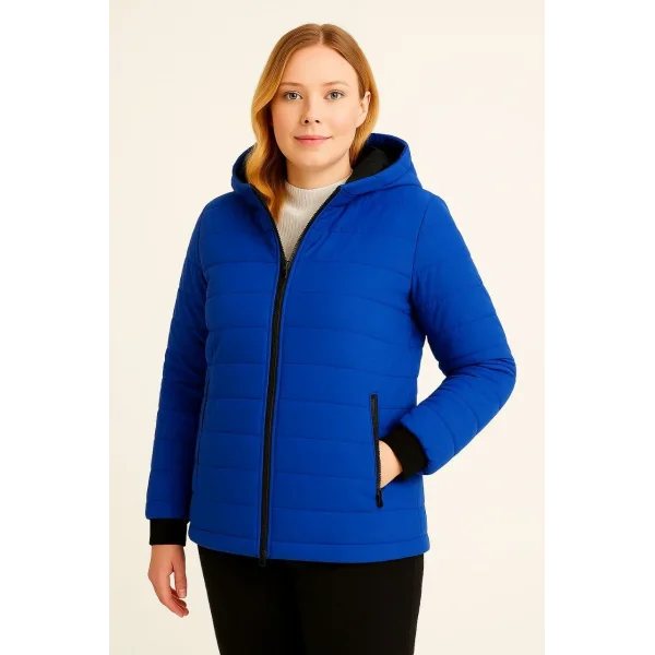 Kadın Şişme Kapüşonlu Fermuarlı Mont Su itici Kapitone Astarlı Kumaş Cepli Kışlık Rahat Kalıp  - Saks Mavisi