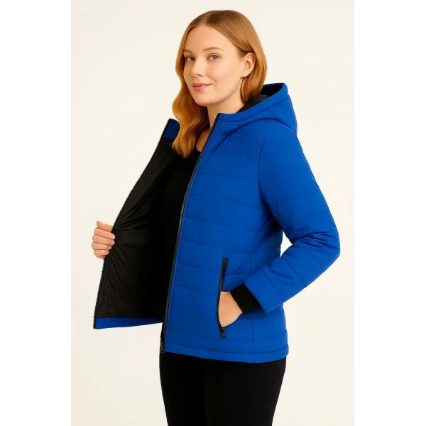Kadın Şişme Kapüşonlu Fermuarlı Mont Su itici Kapitone Astarlı Kumaş Cepli Kışlık Rahat Kalıp  - Saks Mavisi