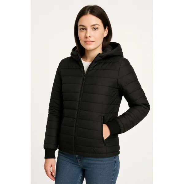 Kadın Şişme Kapüşonlu Fermuarlı Mont Su itici Kapitone Astarlı Kumaş Cepli Kışlık Rahat Kalıp - Siyah