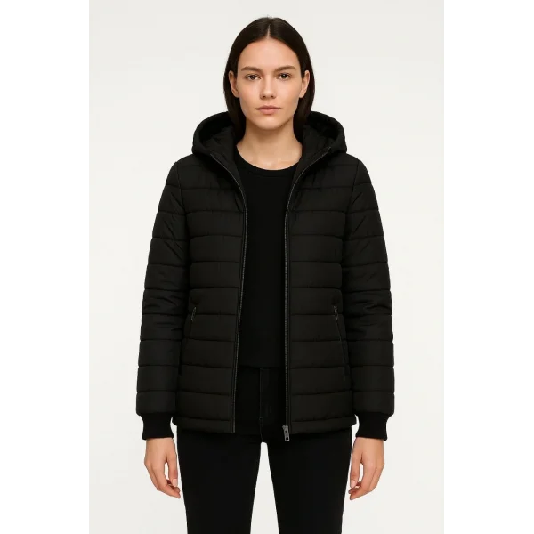 Kadın Şişme Kapüşonlu Fermuarlı Mont Su itici Kapitone Astarlı Kumaş Cepli Kışlık Rahat Kalıp - Siyah