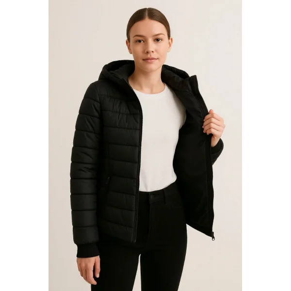 Kadın Şişme Kapüşonlu Fermuarlı Mont Su itici Kapitone Astarlı Kumaş Cepli Kışlık Rahat Kalıp - Siyah