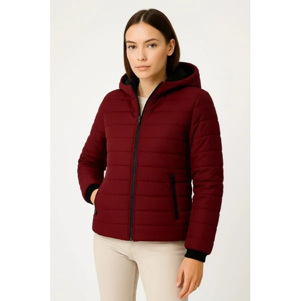 Kadın Şişme Kapüşonlu Fermuarlı Mont Su itici Kapitone Astarlı Kumaş Cepli Kışlık Rahat Kalıp - Bordo