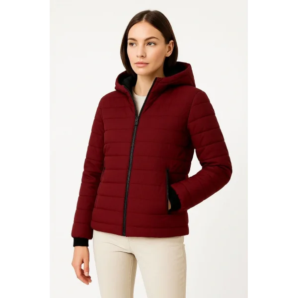 Kadın Şişme Kapüşonlu Fermuarlı Mont Su itici Kapitone Astarlı Kumaş Cepli Kışlık Rahat Kalıp - Bordo
