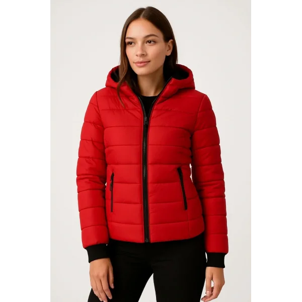 Kadın Şişme Kapüşonlu Fermuarlı Mont Su itici Kapitone Astarlı Kumaş Cepli Kışlık Rahat Kalıp - Kırmızı