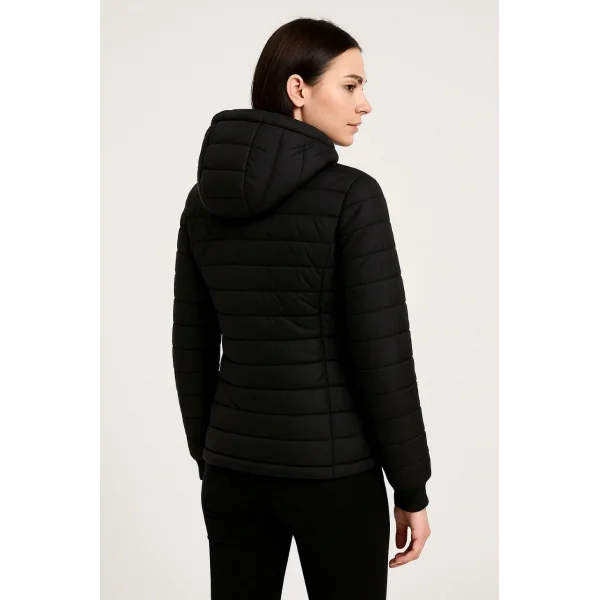 Kadın Şişme Kapüşonlu Fermuarlı Mont Su itici Kapitone Astarlı Kumaş Cepli Kışlık Rahat Kalıp - Siyah