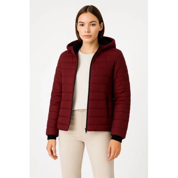 Kadın Şişme Kapüşonlu Fermuarlı Mont Su itici Kapitone Astarlı Kumaş Cepli Kışlık Rahat Kalıp - Bordo