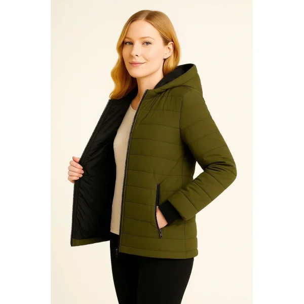 Kadın Şişme Kapüşonlu Fermuarlı Mont Su itici Kapitone Astarlı Kumaş Cepli Kışlık Rahat Kalıp - Haki