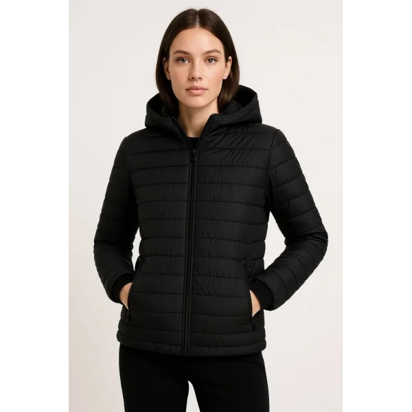 Kadın Şişme Kapüşonlu Fermuarlı Mont Su itici Kapitone Astarlı Kumaş Cepli Kışlık Rahat Kalıp - Siyah