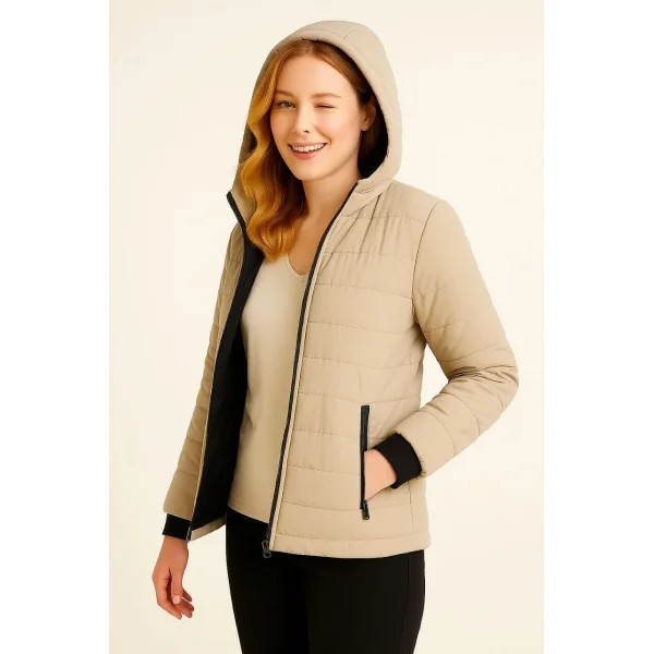 Kadın Şişme Kapüşonlu Fermuarlı Mont Su itici Kapitone Astarlı Kumaş Cepli Kışlık Rahat Kalıp - Bej